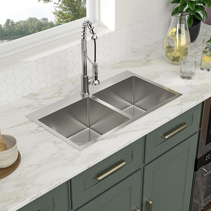 Logmey 32 Inch Drop In Double Bowl Sink - 32x18 Inches Handmade Stainless Steel Doble Sink 16 Gauge 50/50 Double Bowl Kitchen Sink 32x18x9 Inches Topmount Sinks