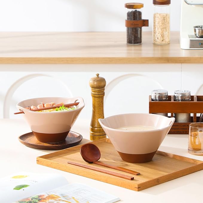 MALACASA 42 oz Ceramic Ramen Bowl Set with Wooden Spoon & Chopsticks, Japanese Style Soup Bowls for Ramen, Pho, Noodles – Set of 2, Microwave & Dishwasher Safe, Series TARA (Pink and Khaki)