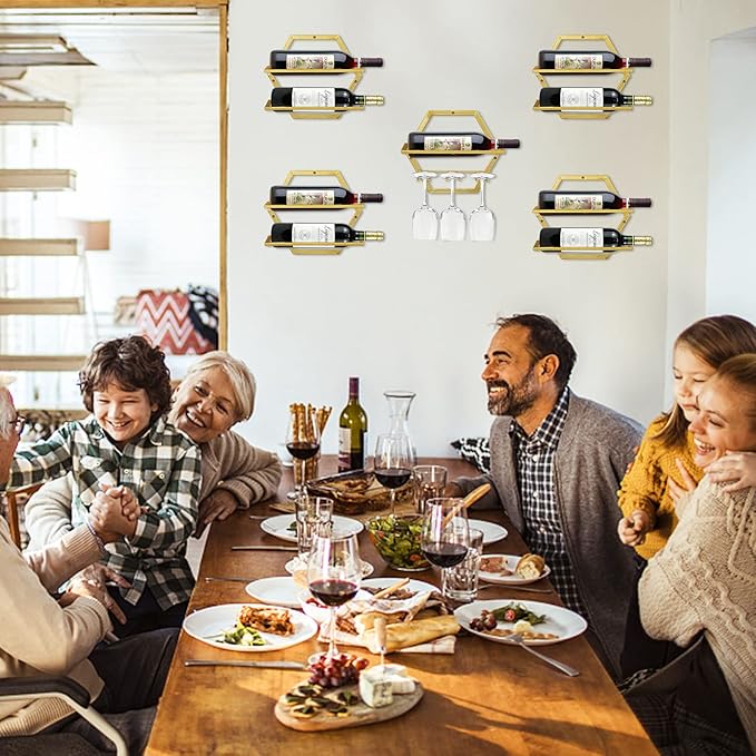 2Pcs Wall Mounted Wine Bottle Stemware Rack, Metal Hanging Wine Display Holder with 3 Stemware Glass Organizer, Red Wine Racks for Home Kitchen Bar Decor (Gold)