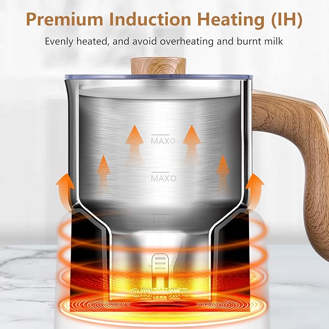 AMZCHEF 8-IN-1 Milk Frother and Steamer 550 Watts, 21 oz Split Stainless Steel Automatic Steamer, Milk's Warmer for Latte, Cappuccino, Hot and Cold Froth, Heated Milk, Hot Chocolate, Baby Food White