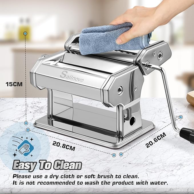 Sailnovo Pasta Maker Machine, 180 Roller Pasta Maker, 9 Adjustable Thickness Settings 2-in-1 Noodles Maker with Rollers and Cutter, Perfect for Spaghetti, Fettuccini, Lasagna or Dumpling Skin Silver