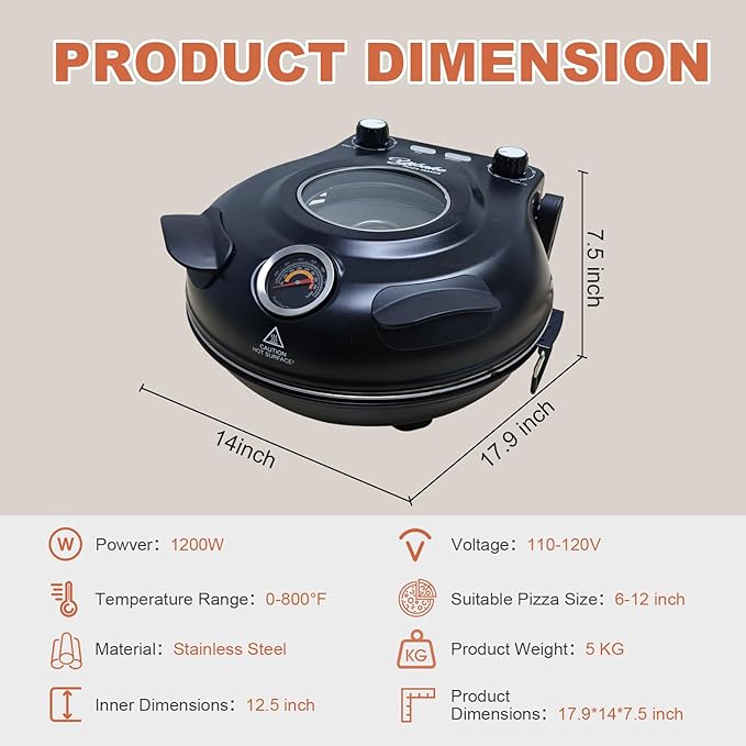 Electric Pizza Maker, 12 Inch Countertop Pizza Oven with Pizza Stone, 1200W Indoor Italian Style Pizza Cooker, Dual Heating with Independent Temperature Control, Heats Up to 800°F, White