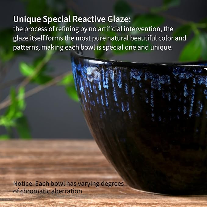 Ramen Bowl with Chopsticks and Spoons Set, 7 Inch Ceramic Noodle Bowl Set of 2, Dishwasher Safe for Pho Udon Soba Noodle Salad Pasta, Special Reactive Glazed Navy Bowls Set