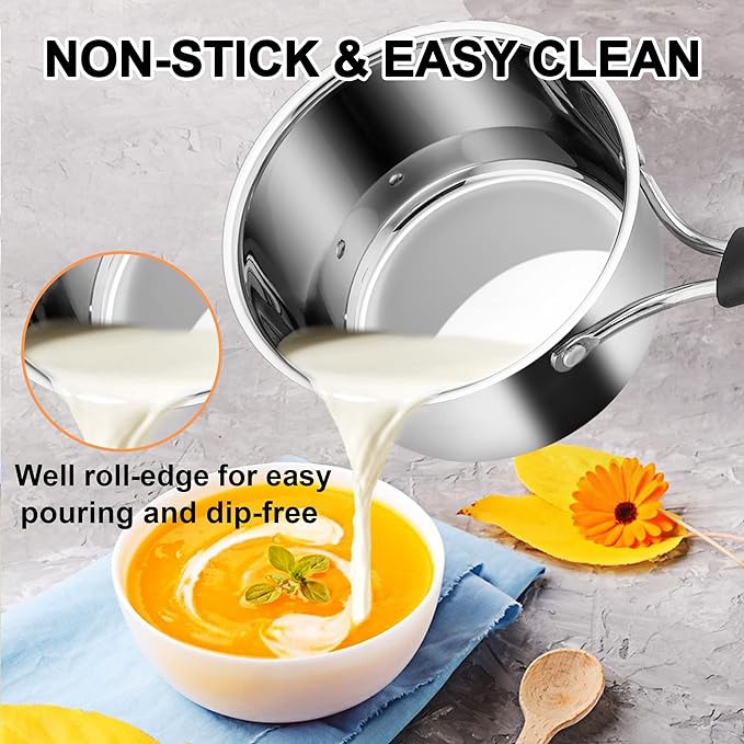 LIANYU 2QT Saucepan with Lid, 2 Quart Stainless Steel Sauce Pan, Small Pot Soup Milk Pan for Home Kitchen Restaurant, Long Heatproof Handle, Dishwasher Safe