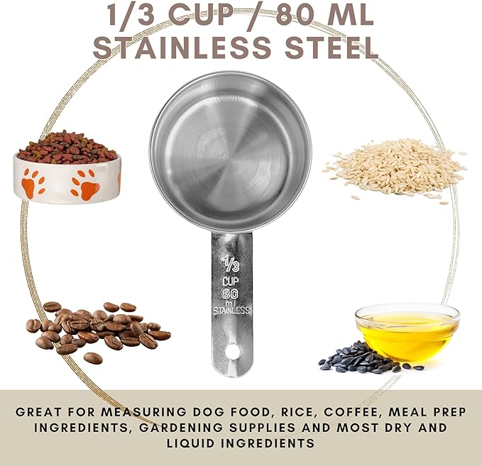 1/3 Cup Stainless Steel Measuring Cup | Sturdy Metal 80 ml | 80 cc | 3 oz | Single Cup for Wet and Dry Ingredients | Great for use as 1/3 Cup Dog Food Scoop - 12 PK