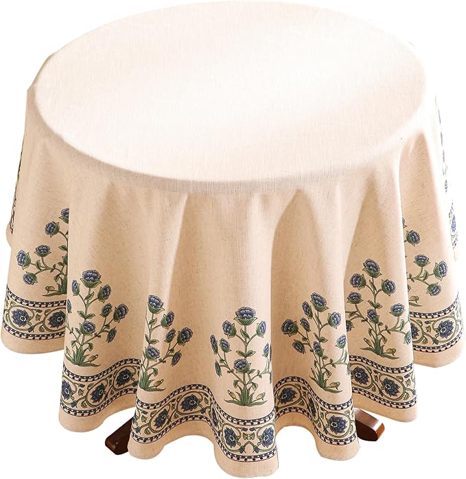 patdrea Designer Blue Tablecloth for Round Tables,Vintage Linen with Leaves and Flowers Pattern Tablecloths,Farmhouse Floral Table Cover Cloth Decor for Kitchen Dining Christmas,Diameter 67"