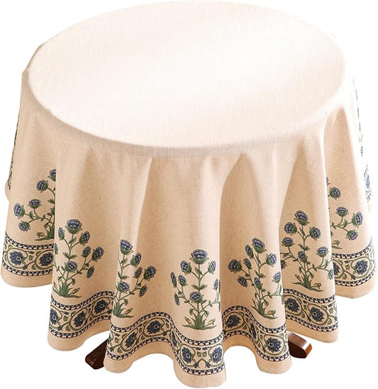 patdrea Designer Blue Tablecloth for Round Tables,Vintage Linen with Leaves and Flowers Pattern Tablecloths,Farmhouse Floral Table Cover Cloth Decor for Kitchen Dining Christmas,Diameter 55"