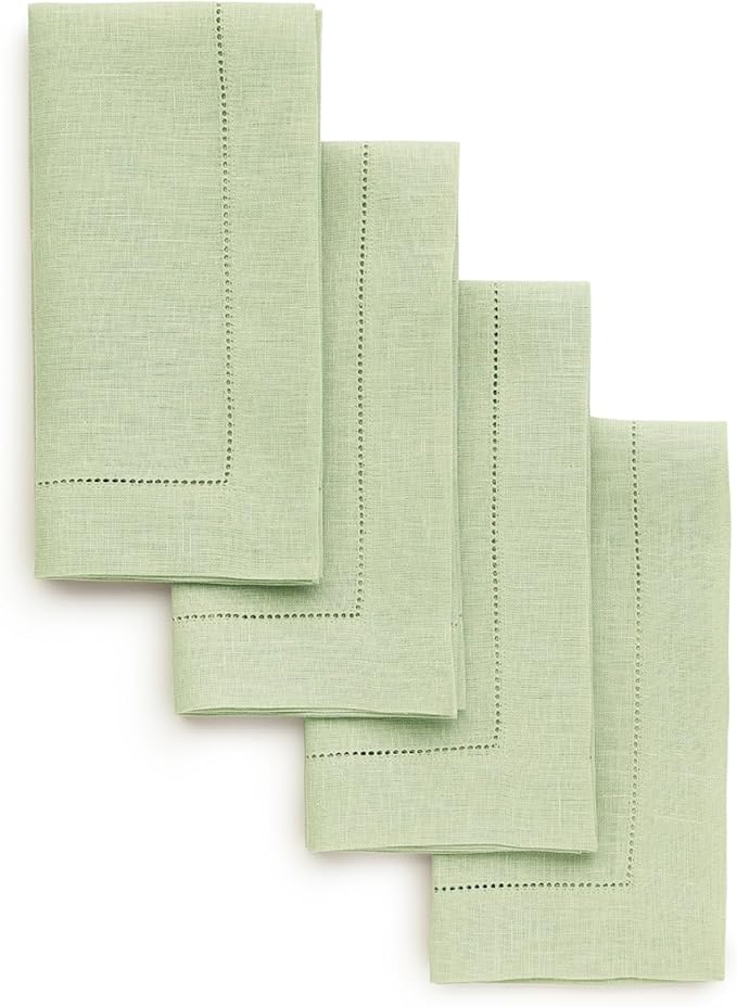 Solino Home Linen Napkins Set of 4 - Classic Hemstitch 100% Pure Linen Sage Green Dinner Napkins Cloth 20 x 20 Inch for Fall, Autumn, Thanksgiving, Christmas, Winter - Handcrafted and Machine Washable