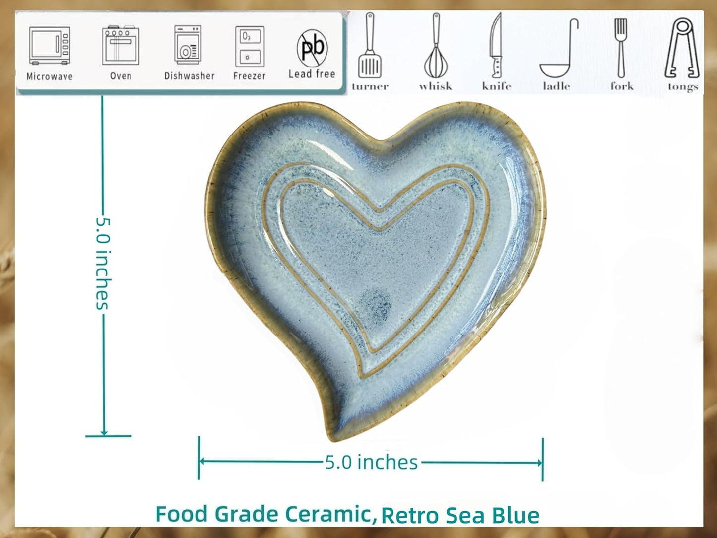 Ceramic Spoon Rest for Stove Top, Heart Cute Spoon Rest for Kitchen Counter, Cooking Spoon Holder for Kitchen Counter, Utensil Rest Spatula Rest Ladle Holder Tong Rest (Retro Sea Blue)