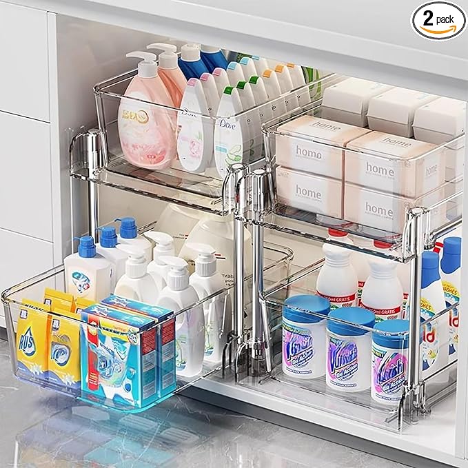 2 Pack Clear Under Sink Organizers, Pull Out Cabinet Organizer,2 Tier Bathroom Storage Organizer,Cabinet Drawers Organization Bins with Track for Kitchen,Pantry,Fridge,Vanity