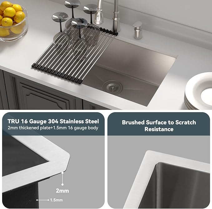 Lordear 28 Kitchen Sink Undermount 16 Gauge Stainless Steel Single Bowl Under Counter Handmade Kitchen Sink Basin, 28"x18"x10"