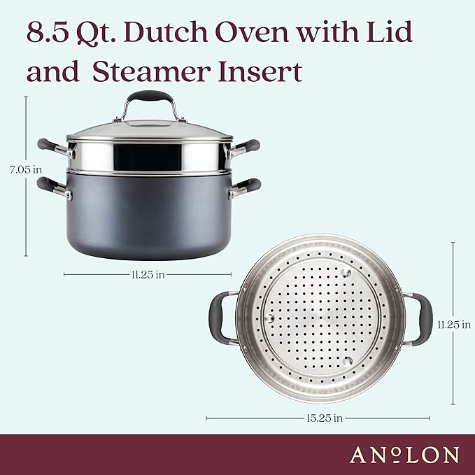 Anolon Advanced Home Hard Anodized Nonstick Wide Stockpot with Stainless Steel Steamer Insert and Glass Lid, 3 Piece Cookware Steamer Set, Moonstone