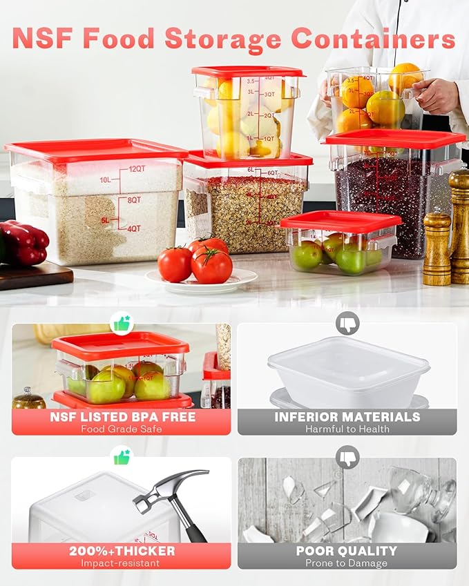 8QT NSF Food Storage Containers: 8 PCS[Food Grade][Hot&Cold Resistant] Clear Food Storage Containers with Scales Handles for Home Restaurant Kitchen Storage Pizza Proof Dough, BPA Free (N6)
