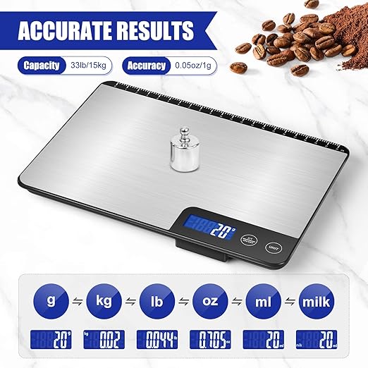 Large Food Scale Digital 15kg, Kitchen Scales with Customized Auto Shut Off Time Setting 3, 10 & 60 Mins, Weight Balance with 1g Accuracy and LCD Display, Grams and Oz for Home Use