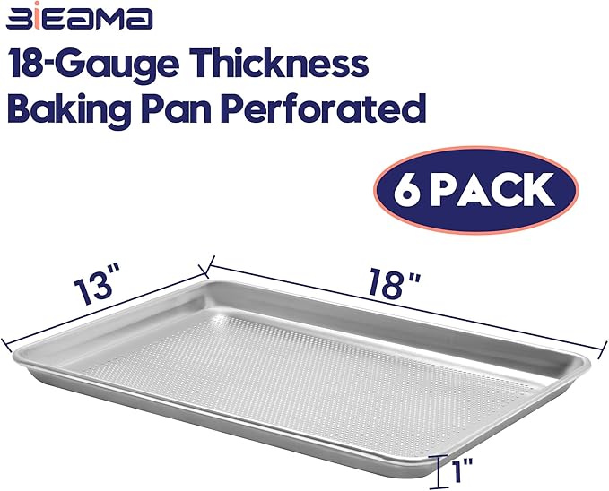 6 Pack Half Size 18" x 13" Aluminum Baking Sheet Pan Perforated, Commercial Bakery Equipment Cookie Sheets, NSF Approved Baking Tray