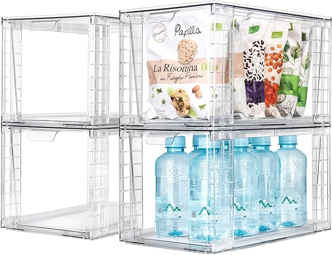 4Pack Large Stackable Kitchen Storage Drawers, Clear Foods Organizer Bins with Handles, Easily Assemble for Bathroom, Kitchen, Pantry, Cabinet, Closet(XL-Down Handle)