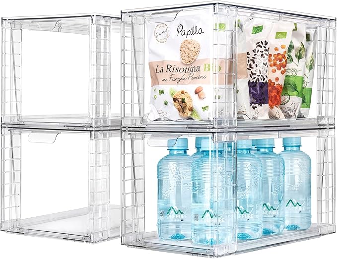 1Pack Large Stackable Kitchen Storage Drawers, Clear Foods Organizer Bins with Handles, Easily Assemble for Bathroom, Kitchen, Pantry, Cabinet, Closet(XL-UP Handle)
