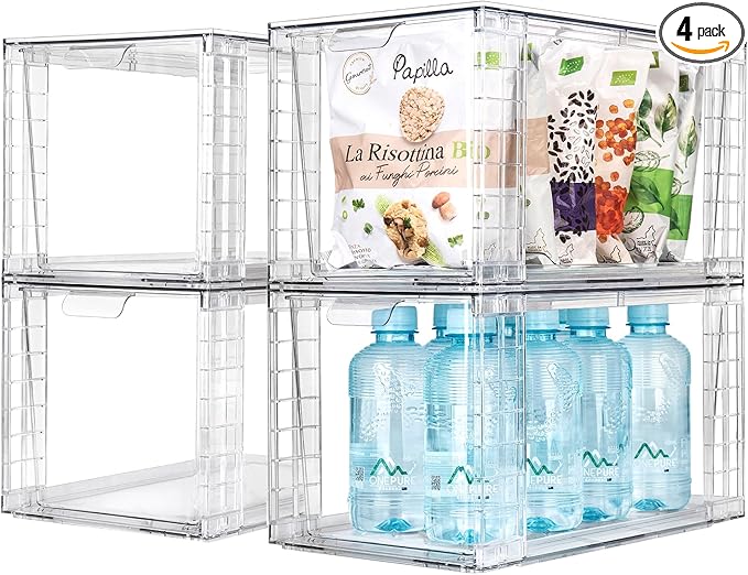 4Pack Large Stackable Kitchen Storage Drawers, Clear Foods Organizer Bins with Handles, Easily Assemble for Bathroom, Kitchen, Pantry, Cabinet, Closet(XL-UP Handle)