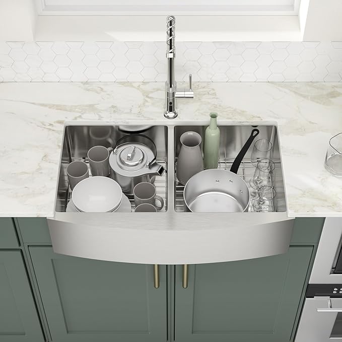 Logmey 33 inch Double Bowl Farmhouse Sink - 33x20 16 Gauge Stainless Steel Farm Sink Apron Front 50/50 Farm Kitchen Sinks