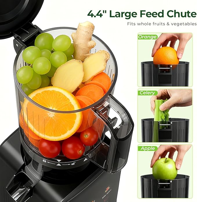 Cold Press Juicer Machine, 4.4" Wide Feed Chute, Slow Masticating Juicer for Whole Vegetables & Fruits, High Juice Yield, Easy to Clean & Assemble, One-touch Digital Color Control Panel