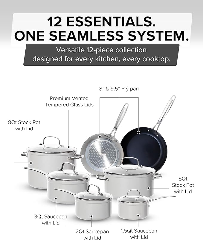 Nuwave Healthy G11-Pots and Pans Set Non Stick, 9H Near-Diamond Hardness Scratch-Resistant, Works on All Stovetops, PFAS Free, with Frying Pans, Saucepans & Glass Lids, Stay-Cool Handles, Tinsel