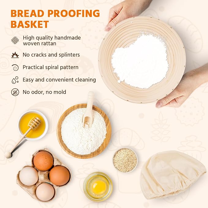 Banneton Bread Proofing Basket, Round 10 Inch Sourdough Starter Kit, Sourdough Bread Baking Supplies with Sourdough Proofing Basket Danish Dough Whisk Scoring Lame Dough Scraper Bread Bag with Sticker