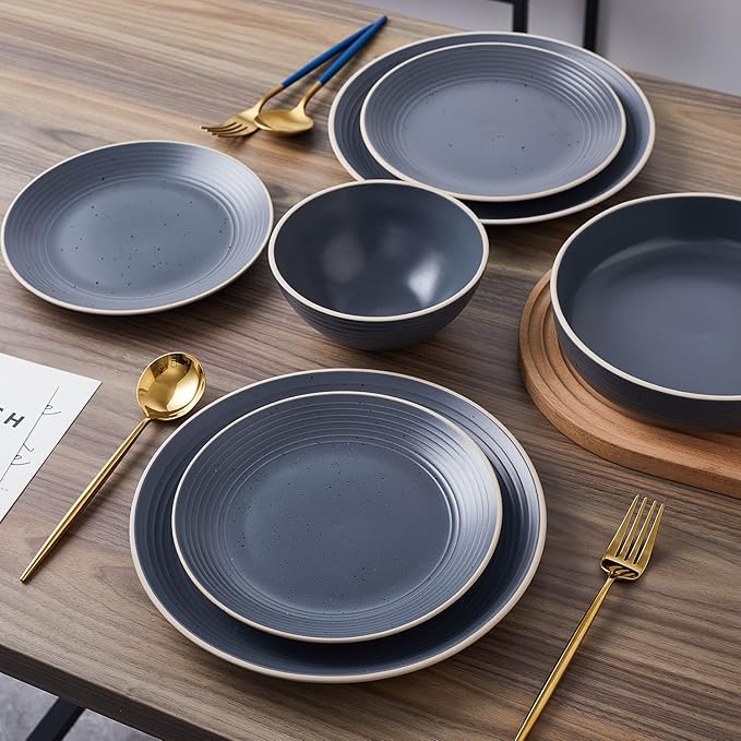 Stone Lain Lauren Modern Stoneware 16-piece Round Dinnerware Set, Plates and bowls Set, Dish set for 4, Charcoal