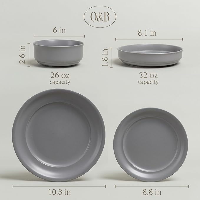 over&back Rim Dinnerware Set - Stoneware Dishes - Comes with 4 Dinner Plates, Salad Plates, Cereal Bowls, and Dinner Bowls - 16-Piece All-Occasion Place Settings - Serves Four - Semi-Matte Charcoal