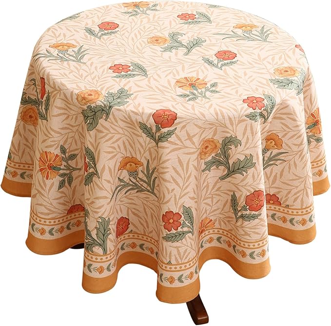 patdrea Designer Floral Linen Table Cloth Durable Breathable Tabletop Cover Dacorative Kitchen Dining Tablecloth for Round Tables for Kitchen Dining Parties,Holiday Christmas,Diameter 55"