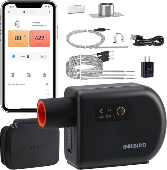 BBQ Temperature Controller Kit, Inkbird WiFi & Bluetooth Automatic Smoker Fan Controller, 3 Meat Probes & 1 Oven Probe, Build-in 5.0m/S High Efficient Fan for Ceramic Smokers, Kamado, Vision Grill