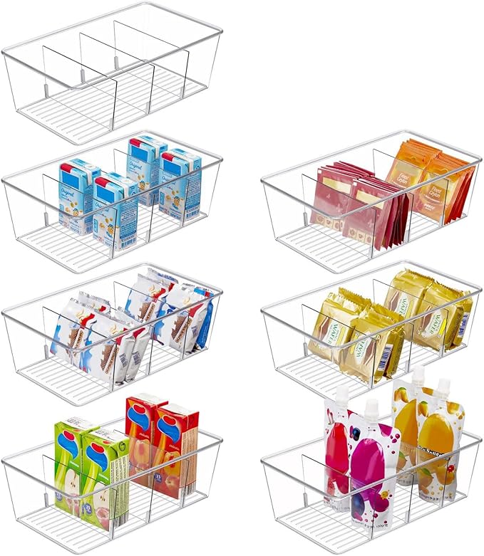 Pantry Organizers and Storage,Kitchen Organizers and Storage for Fridge,Drawer and Refrigerator - Spice Organization for Cabinet,Clear Plastic Stackable Organizer Bins with 3 Dividers (7 Pcs)