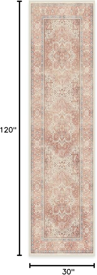 RUGGABLE Washable Runner Rug – Kamran Rose Pink 2.5x10, Stain-Resistant, Non-Slip Hallway Runner – Machine Washable Rug for Hallway, Entryway, Living Room & Kitchen–with Standard Pad