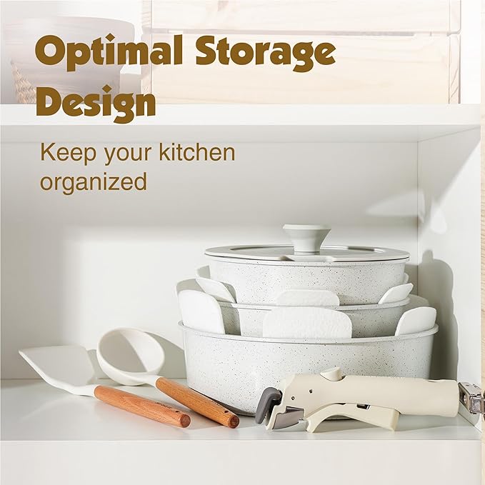 SENSARTE 24 Piece Pots and Pans Set, Nonstick Detachable Handle Cookware, Induction Kitchen Cookware Set with Removable Handle, Healthy Non Stick for RV, Dishwasher ＆ Oven Safe (White)