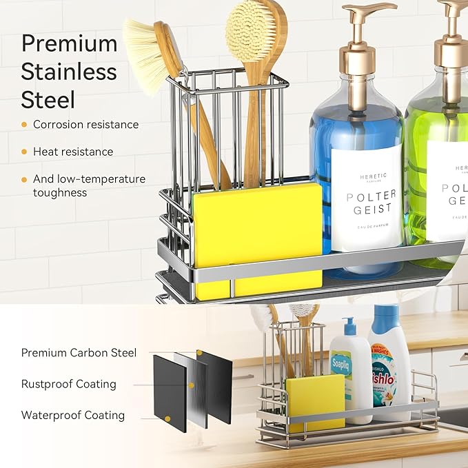 Yofidra Sink Caddy with Stone Drying Tray: Stainless Steel Soap Dispenser Kitchen Sink Organizer Set, Sponge Holder Counter Accessories Decor for Kitchen Organizers and Storage 8.1x3.5x4.5 in Sliver