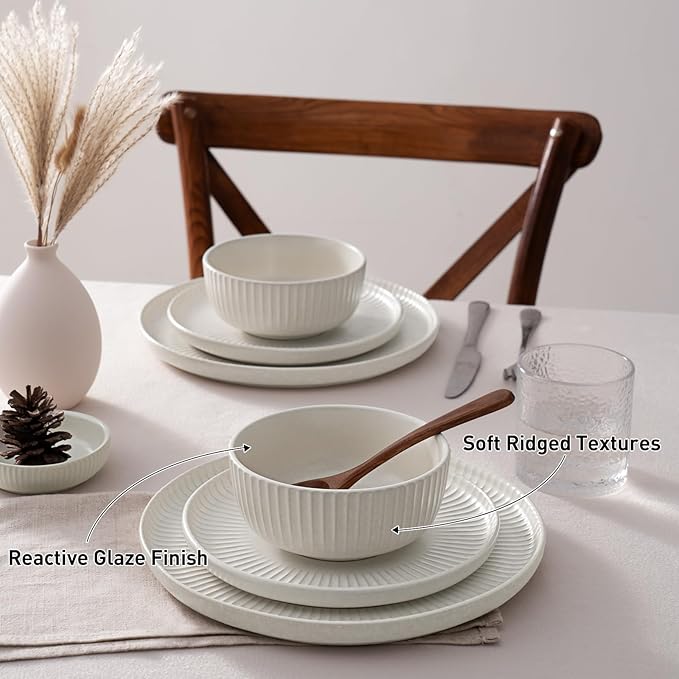 Famiware Starlight Dinnerware Sets, Plates and Bowls Dish Set of 8 (24 Pieces), Ribbed Textured Tableware - Dishwasher & Microwave Safe, Chip Resistant, Reactive Glaze, Matte Reactive White