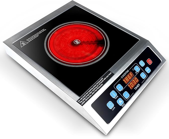 Dual Coils Design of Stainless Steel Single Burner Electric Cooktop, 1800W Commercial Ceramic Infrared Cooking Hot Plate, 12 inch Portable Countertop Radiant Stove Top Cooker with WATT n TEMP Control