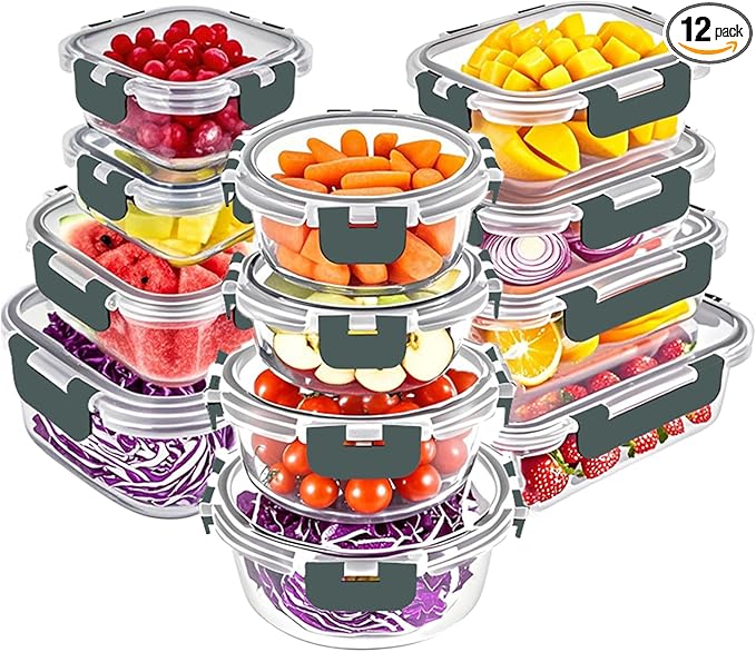 VERONES 12 Packs Glass Food Storage Containers Set, Airtight Glass Lunch Containers, Glass Meal Prep Containers with Lids,Exclusive of BPA, for Microwave, Oven, Freezer & Dishwasher Friendly,Grey