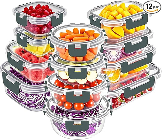 VERONES 12 Packs Glass Food Storage Containers Set, Airtight Glass Lunch Containers, Glass Meal Prep Containers with Lids,Exclusive of BPA, for Microwave, Oven, Freezer & Dishwasher Friendly,Grey