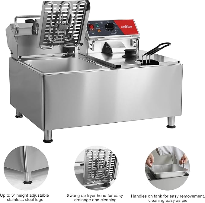 CROSSON ETL Listed 30Lbs Dual Tank Electric Commercial Deep Fryer with Solid Basket,Lid and Height Adjustable Legs for Restaurant Use,8L×2 Commercial Countertop Deep Fryer-120V/3600W(30Amps)