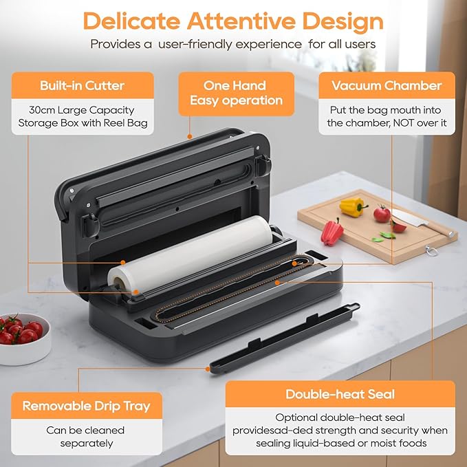 Upgraded Vacuum Sealer for Food, 90kpa 14 in 1 Food Sealer Vacuum Sealer Machine, Easy Lock Handle/Sous Vide Friendly, Liquid/Dry/Moist Food Saver Storage Vacuum Sealers with 2 Roll Bags (25 Pro)