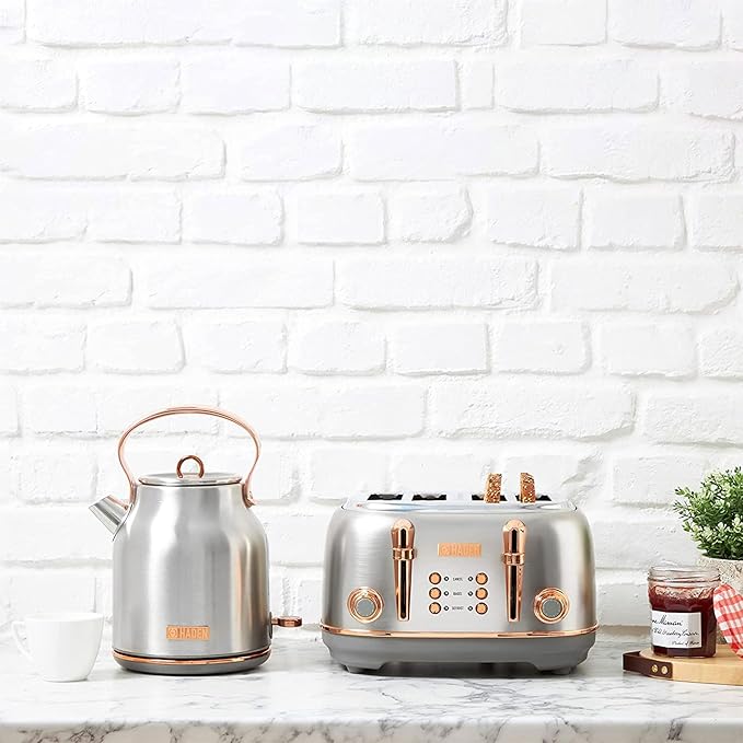 Haden Heritage 4 Slice Wide Slot Stainless Steel Toaster with Adjustable Browning Control & Non-Slip Feet, Steel & Copper