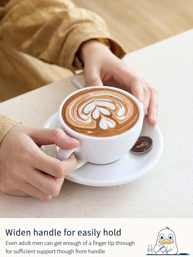 LE TAUCI 6 oz Cappuccino Cups with Saucers, Ceramic Coffee Cup for Au Lait, Double shot, Latte, Cafe Mocha, Tea - Set of 4, White