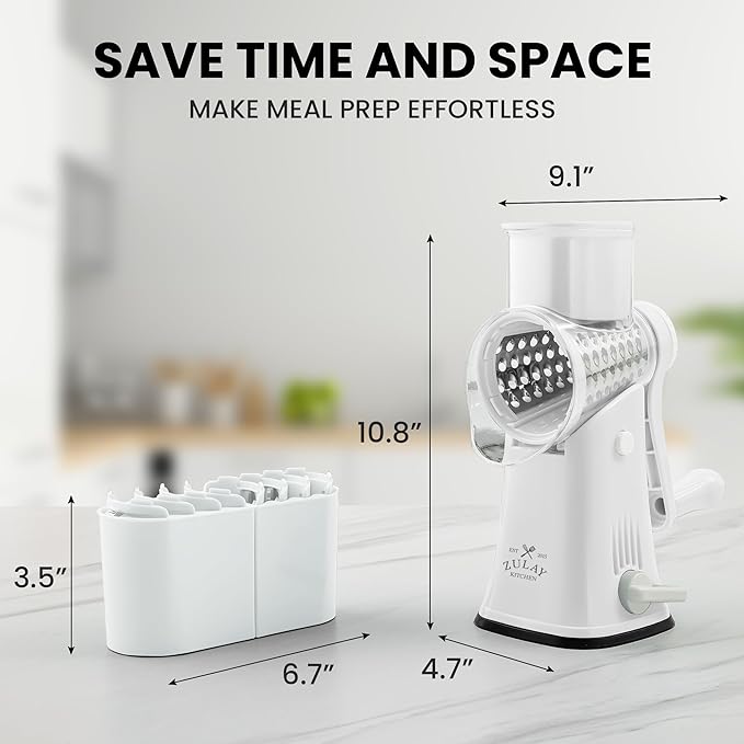 Zulay Kitchen Rotary Cheese Grater 5 Blade Cheese Shredder - Manual Hand Crank Cheese Grater With Reinforced Suction & 5 Interchangeable Drums - Easy to Use, Vegetable Chopper Round Mandoline Slicer