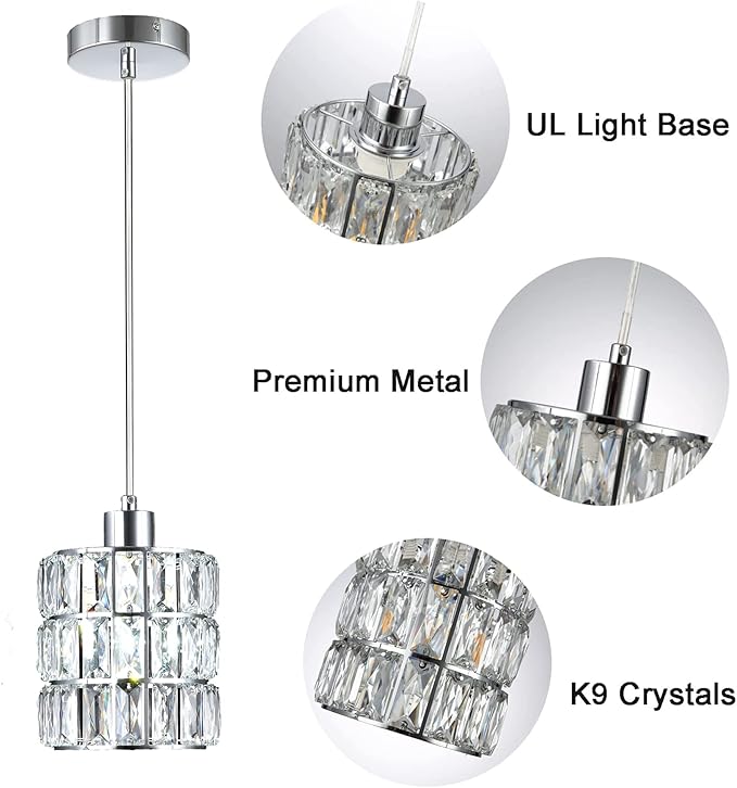 3 Pack Chrome Crystal Pendant Light, Mini Pendant Lights for Kitchen Island with Crystal Plate Metal Shade, Modern Concise Pendant Silver Fixture for Foyer Hallway, Dining Room