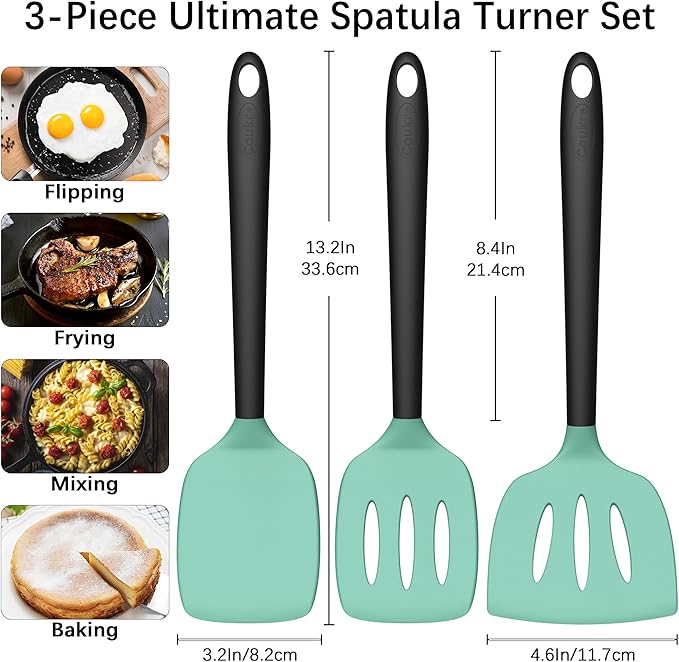 Coukre 3 Pack Silicone Spatula Set, High Heat Resistant, BPA-Free, Fish Spatula, Solid & Slotted Turner for Non-Stick Pans, Flipping Eggs, Pancakes, Fish, Burgers (3, AquaGreenBlack)