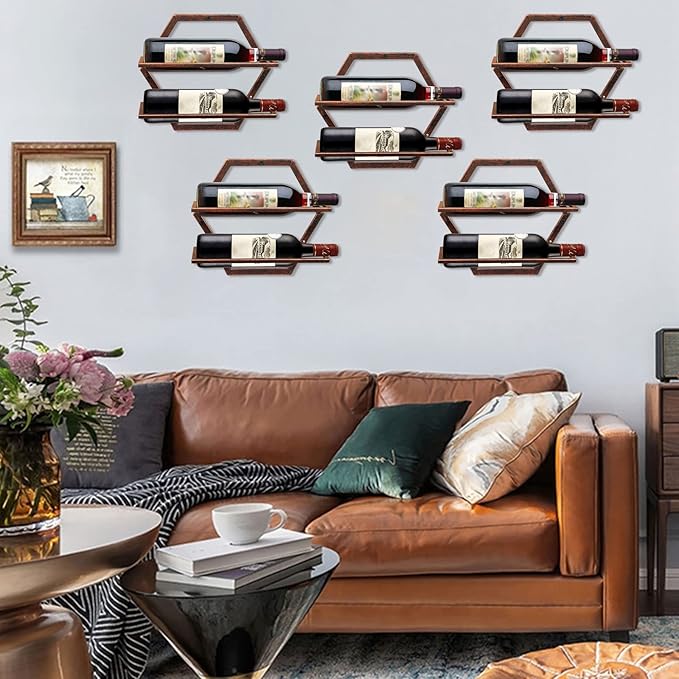 2Pcs Wall Mounted Wine Bottle Rack, Metal Hanging Wine Display Holder Organizer, Red Wine Racks for Home Kitchen Bar Decor Storage (Retro Brown BB)