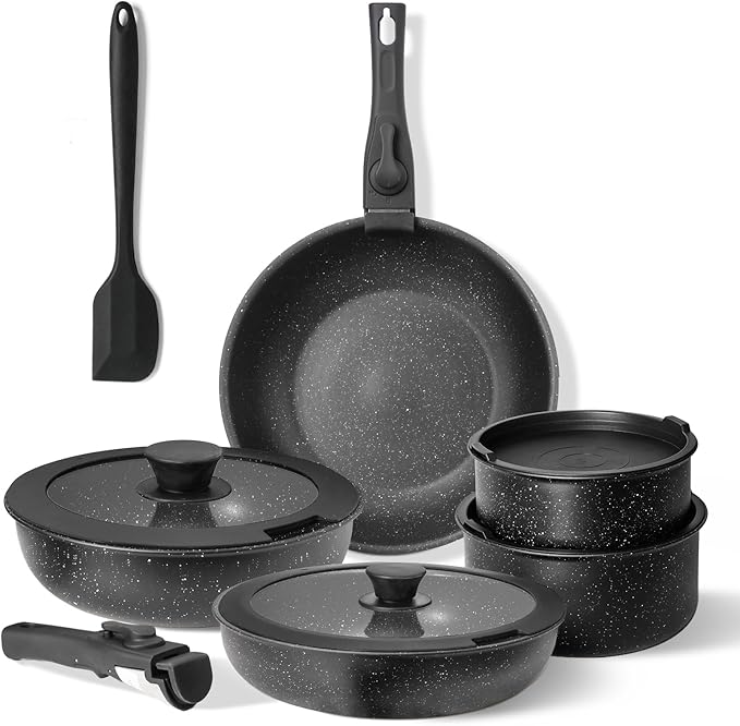 Sweetcrispy 12 pcs Pots and Pans Set, Nonstick Kitchen Induction Cookware Suit with Detachable Handle, Dishwasher Oven Safe, Pitch Black