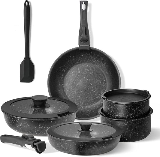Sweetcrispy 12 pcs Pots and Pans Set, Nonstick Kitchen Induction Cookware Suit with Detachable Handle, Dishwasher Oven Safe, Pitch Black