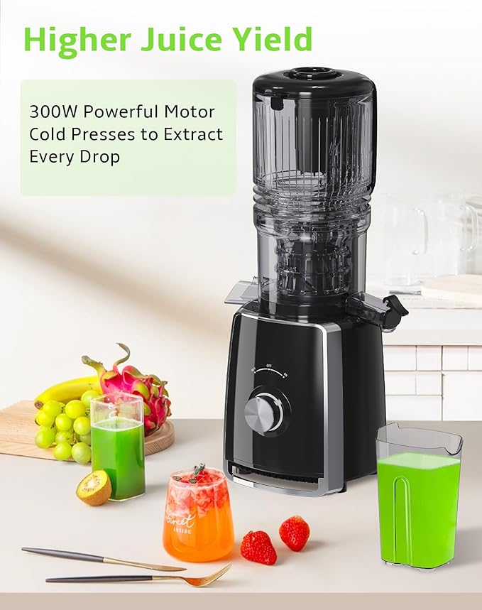 Slow Masticating Cold Press Juicer, 5.1" Wide Chute for Whole Fruits/Vegetables | Higher Juice Yield & More Nutrient Retention | BPA-Free | 300W Quiet Motor | Easy to Clean
