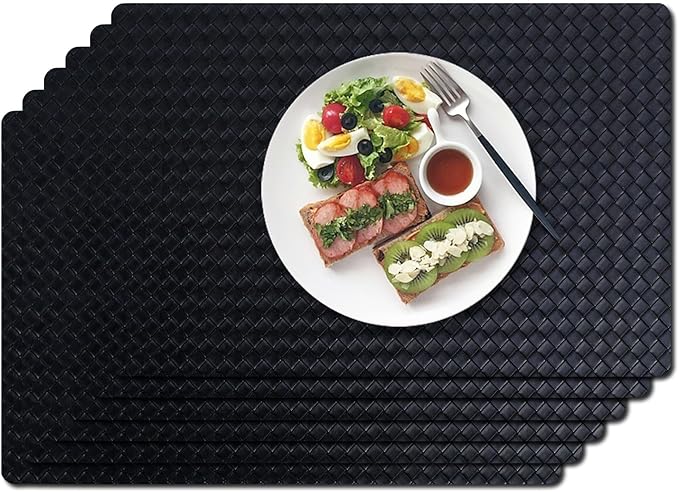Vinyl Placemats Set of 6-12×17.7 Inch Waterproof & Heattable Placemats, Fall Faux Leather Wipeable Outdoor Table Mat for Dining, Kitchen, Indoor Outdoor Use (Black, Woven Pattern)